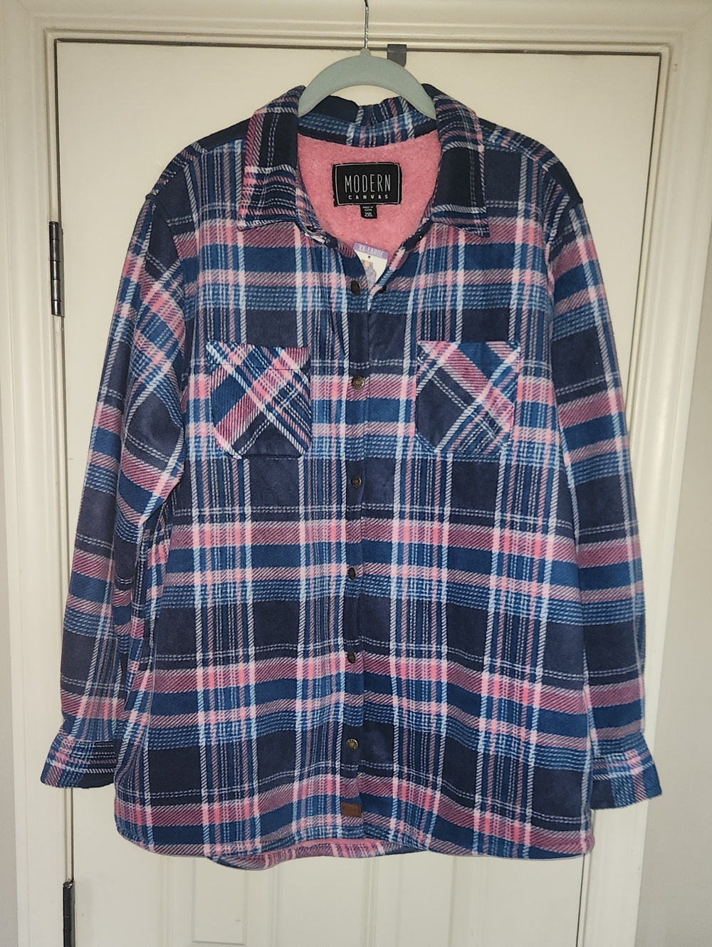 Modern Canvas Navy and Pink Plaid Sherpa-Lined Button-Down Shirt